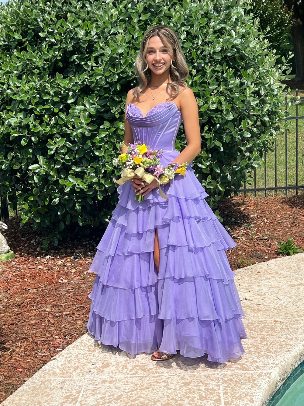 Sherri Hill Lilac Strapless Tiered Ruffle Prom Gown